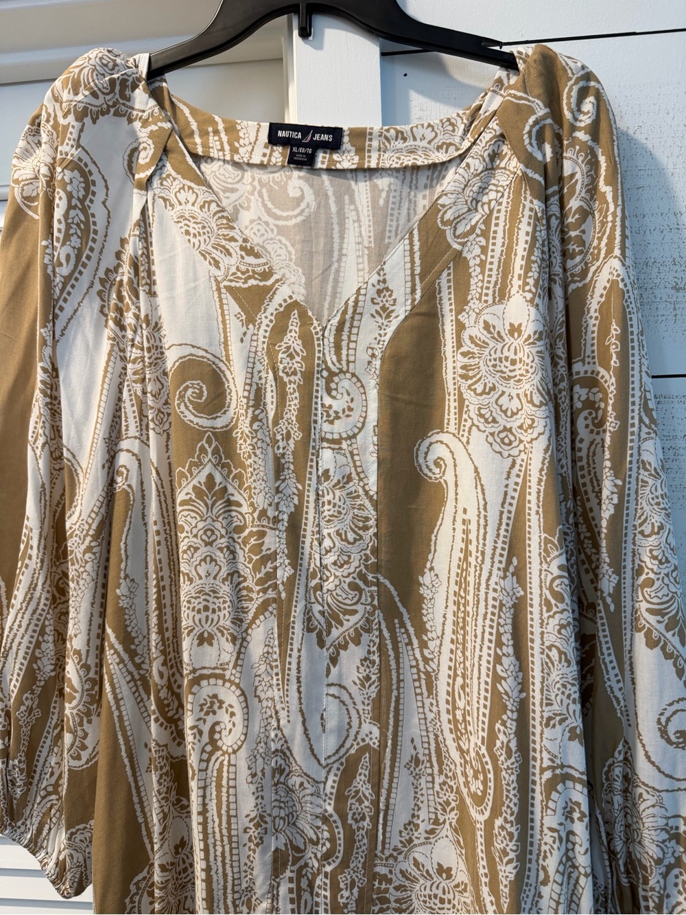 Nautica Tan and White Paisley V-Neck Tunic Top